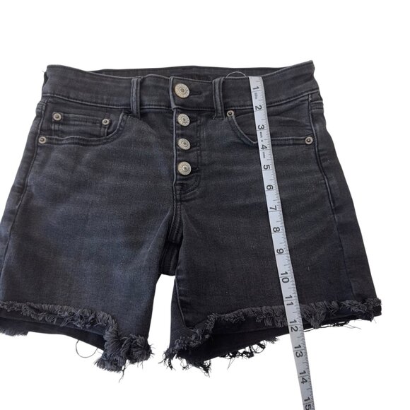 American Eagle Black Denim Mid Rise Distressed Shorts Women SZ 2 Button Fly - Picture 7 of 12
